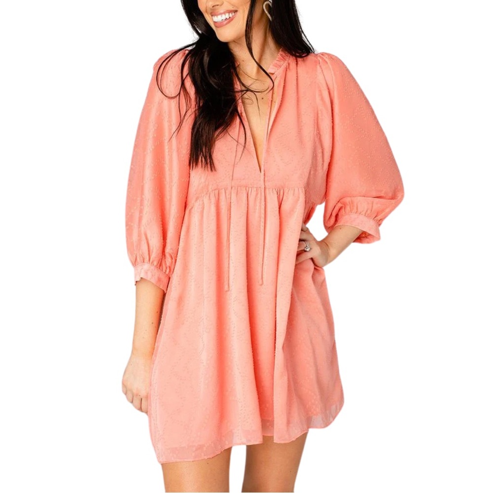 NWT Buddy Love Puff Sleeve Mini Dress Textured Coral Peach XS